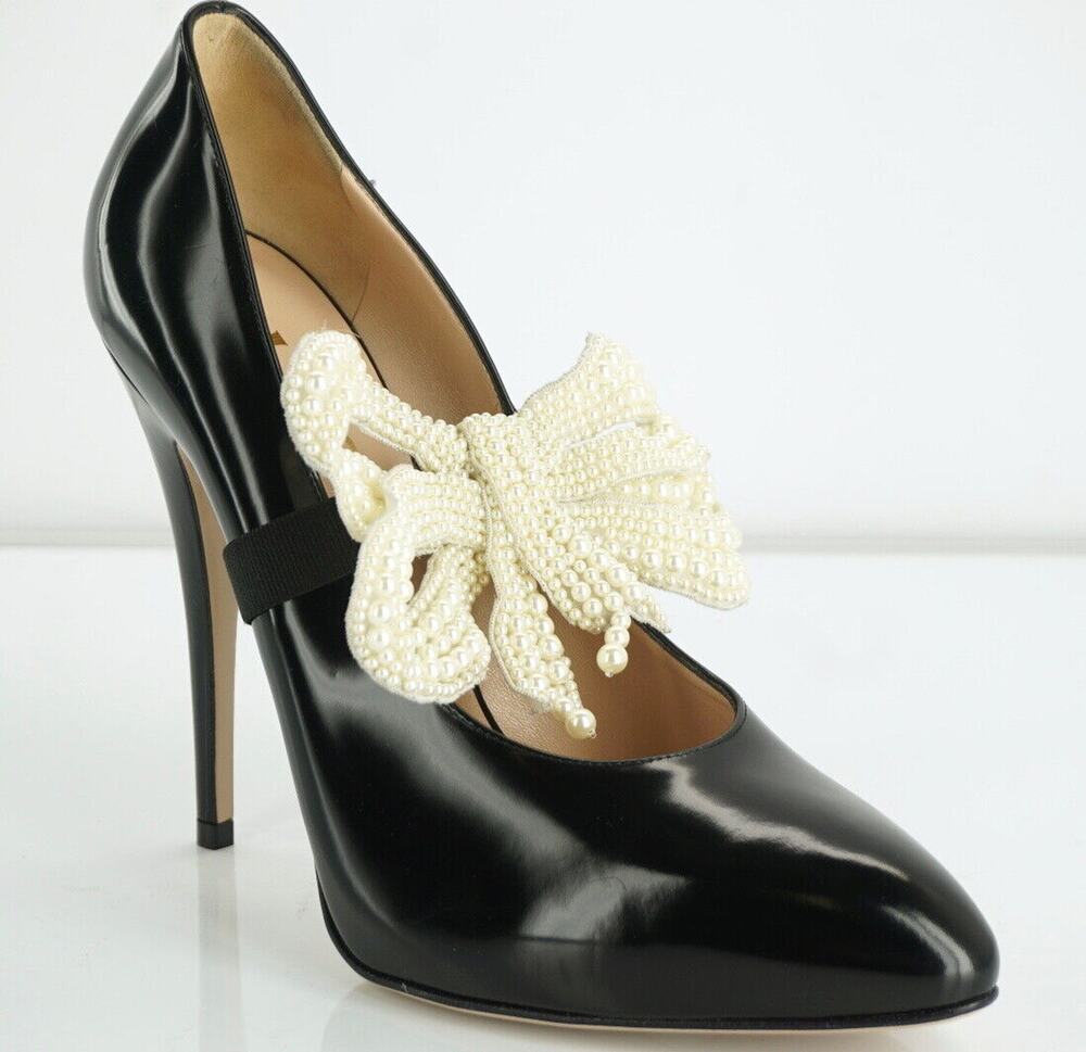 Gucci Black Elaisa Pearly Bow 110MM Shiny Leather Pumps Size 38 NIB  Pointy